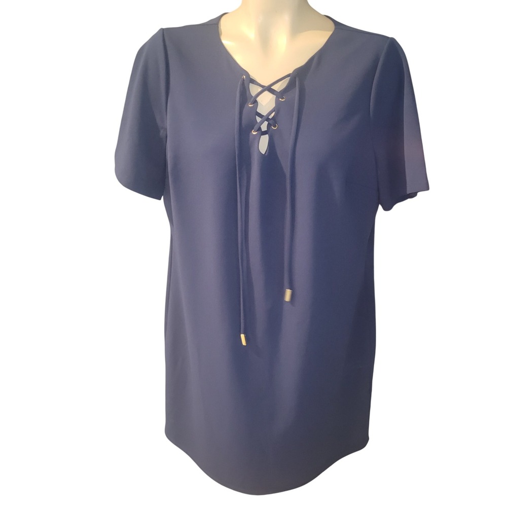 Roz & Ali NEW Navy Blue Lace Up V Neck Short Sleeve Shift Dress 16 Officecore
